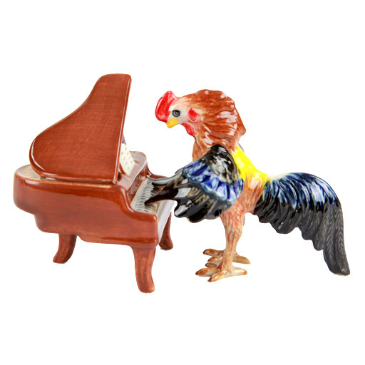 Porcelain Rooster Playing the Brown or Black Piano