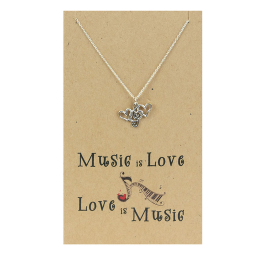 ***$45.95***Sterling Silver Chain & Pendant. Two hearts entwined in a treble clef. “Music is love, love is music.” 40cm chain with a 5cm expansion.