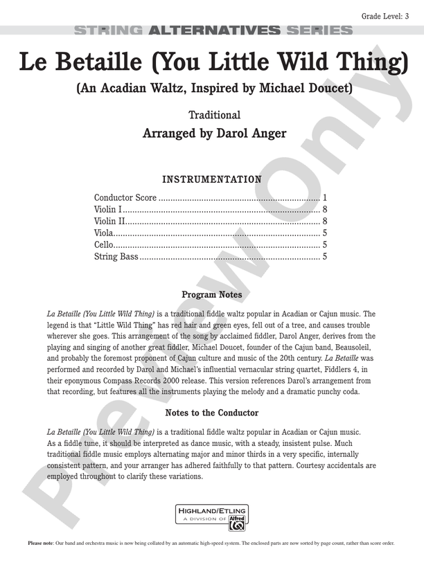La Betaille (You Little Wild Thing) – String Orchestra Conductor Score & Parts (Digital Download)