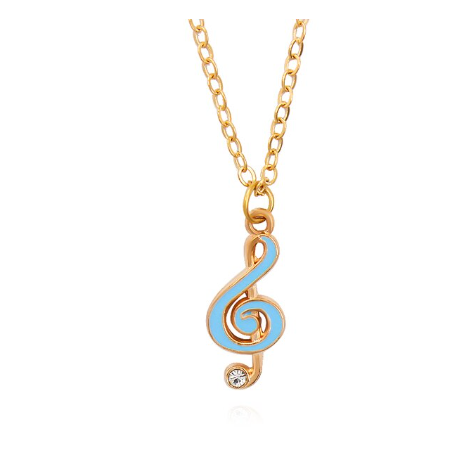 Blue Treble Clef Pendant with Diamonte and Gold Chain