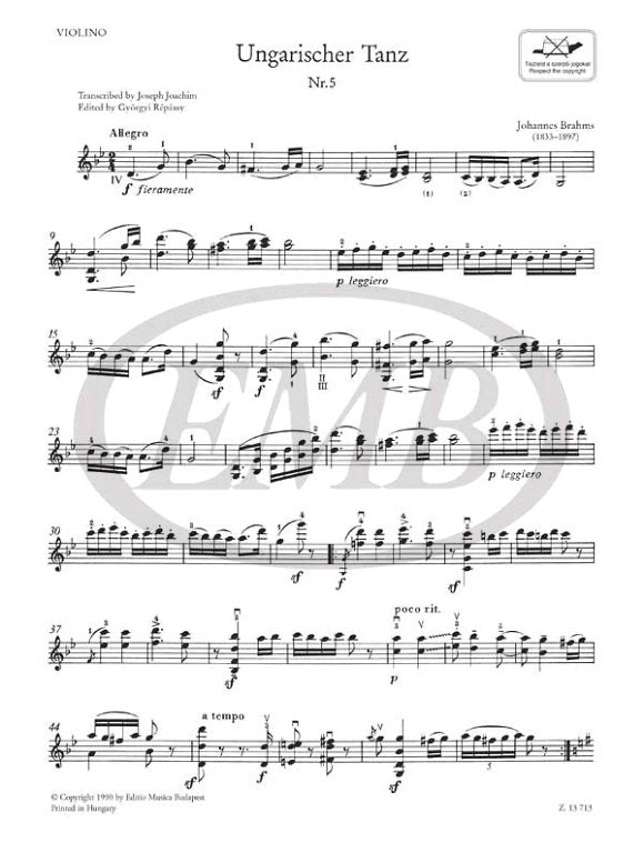 Brahms - Hungarian Dance #5 - Violin/Piano Accompaniment transcribed by Joachim EMB Z13713