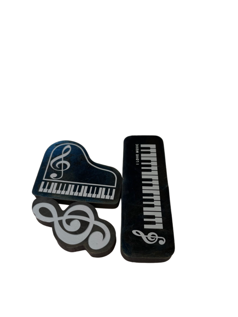 Music Erasers Pack of 3 Black Grand Piano Treble Clef and Piano Keyboard