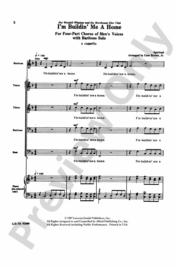 I'm Buildin' Me a Home – TTBB Choral Octavo - Digital Sheet Music Download (Digital Download)