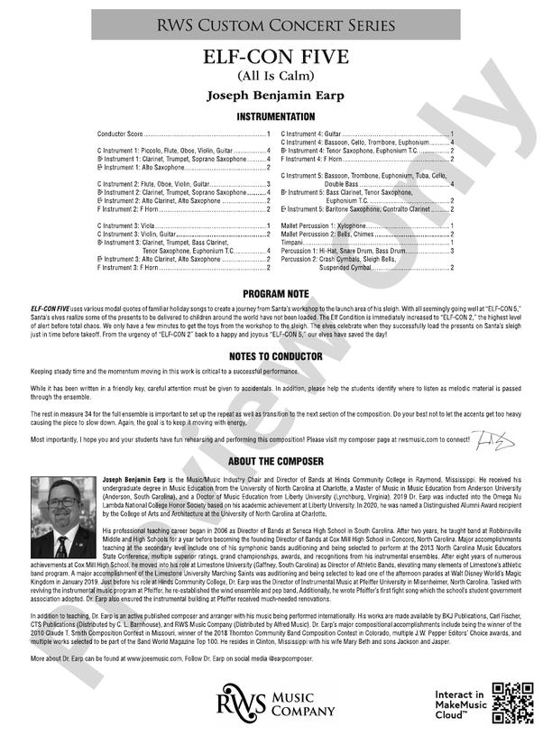 ELF-CON FIVE (All Is Calm) - Concert Band Conductor Score & Parts(Digital Download)