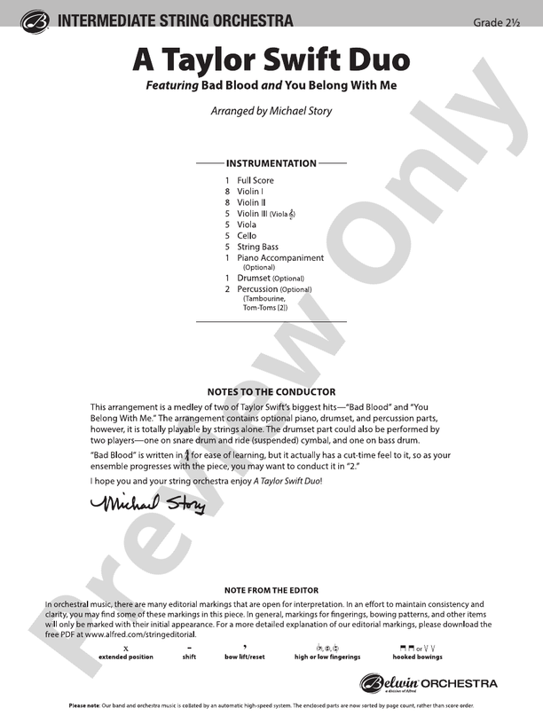 A Taylor Swift Duo - String Orchestra Conductor Score & Parts (Digital Download)