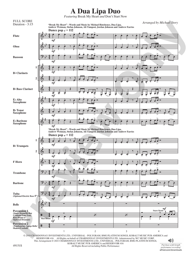 A Dua Lipa Duo - Concert Band Conductor Score & Parts (Digital Download)