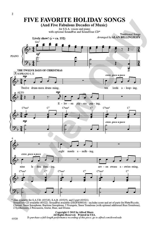 Five Favorite Holiday Songs – SSA Choral Octavo (Digital Download)