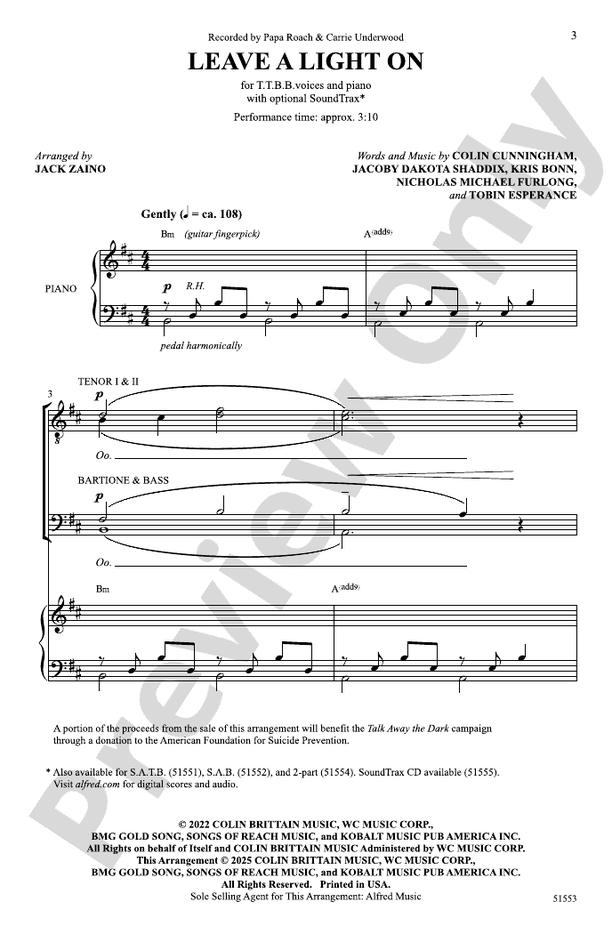 Leave a Light On - TTBB Choral Octavo (Digital Download)