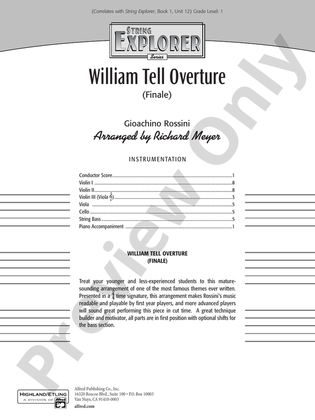 William Tell Overture – String Orchestra Conductor Score & Parts (Digital Download)