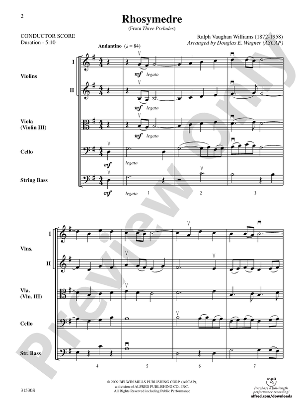 Rhosymedre (from Three Preludes) – String Orchestra Conductor Score & Parts (Digital Download)
