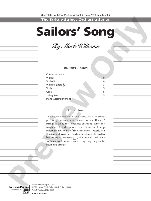 Sailor's Song – String Orchestra Conductor Score & Parts (Digital Download)