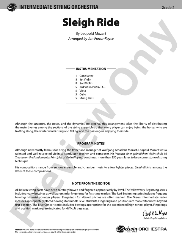 Sleigh Ride (Grade 2) - String Orchestra Conductor Score & Parts (Digital Download)