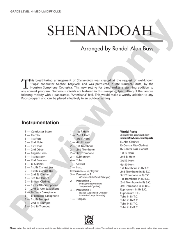 Shenandoah (Grade 4) - Concert Band Conductor Score & Parts (Digital Download)