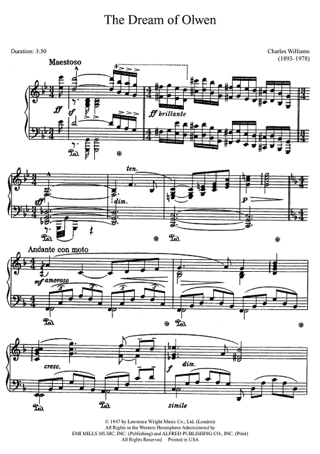 Williams - Dream of Olwen - Piano Solo  EMI Publishing E52182