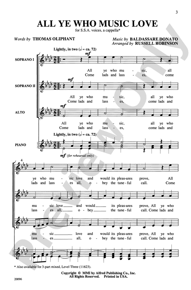 All Ye Who Music Love - SSA, a cappella Choral Octavo (Digital Download)