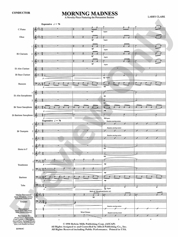 Morning Madness (a novelty featuring the Percussion Section) - Concert Band Conductor Score & Parts (Digital Download)