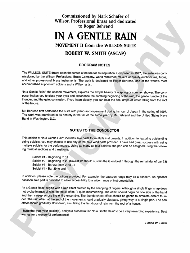In a Gentle Rain (Movement II from the Willson Suite) – Full Orchestra Conductor Score & Parts (Digital Download)