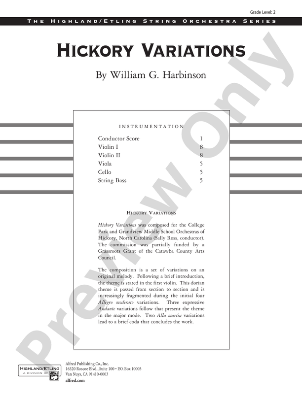 Hickory Variations – String Orchestra Conductor Score & Parts (Digital Download)