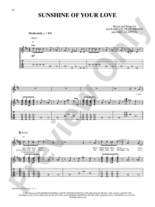 Sunshine of Your Love - Interm./Easy Guitar TAB (Digital Download)