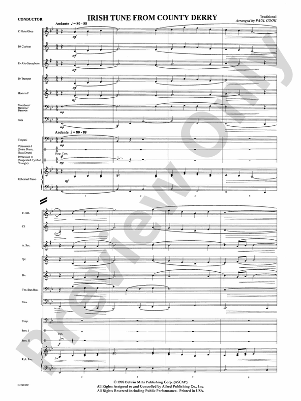 Irish Tune from County Derry - Concert Band Conductor Score & Parts (Digital Download)