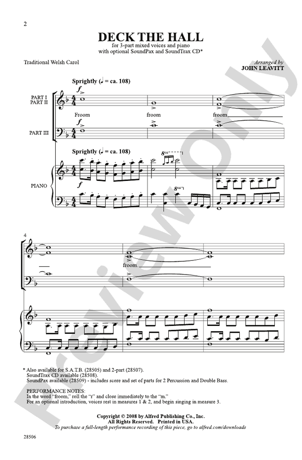 Deck the Hall - Arr. John Leavitt – 3-Part Mixed Choral Octavo (Digital Download)
