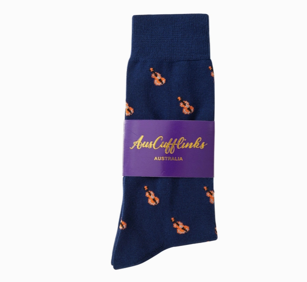 Guitar Socks Navy Blue with Brown Guitars