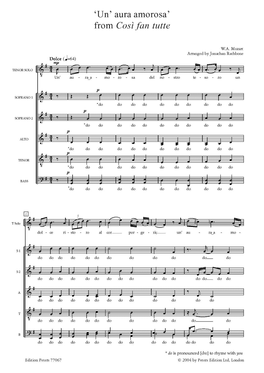 Mozart - ‘Un’ aura amorosa’ from Cosi fan tutte - Tenor Solo, SATB Vocal Score (Digital Download)