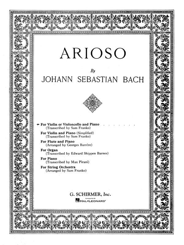 Bach - Arioso - Violin or Cello/Piano Accompaniment Schirmer 50273050