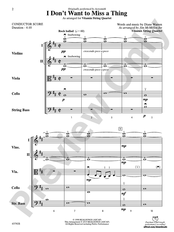I Don't Want to Miss a Thing – String Orchestra Conductor Score & Parts (Digital Download)