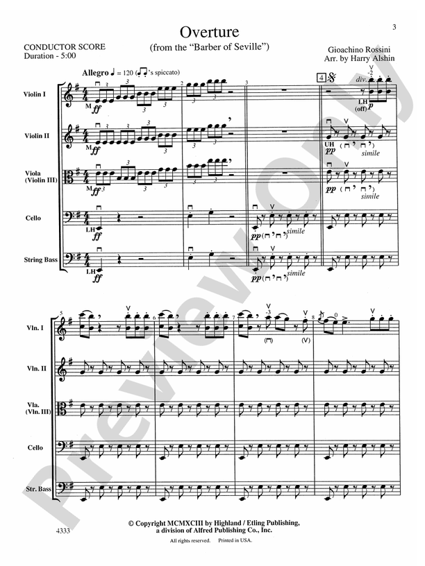 Overture from the Barber of Seville – String Orchestra Conductor Score & Parts (Digital Download)