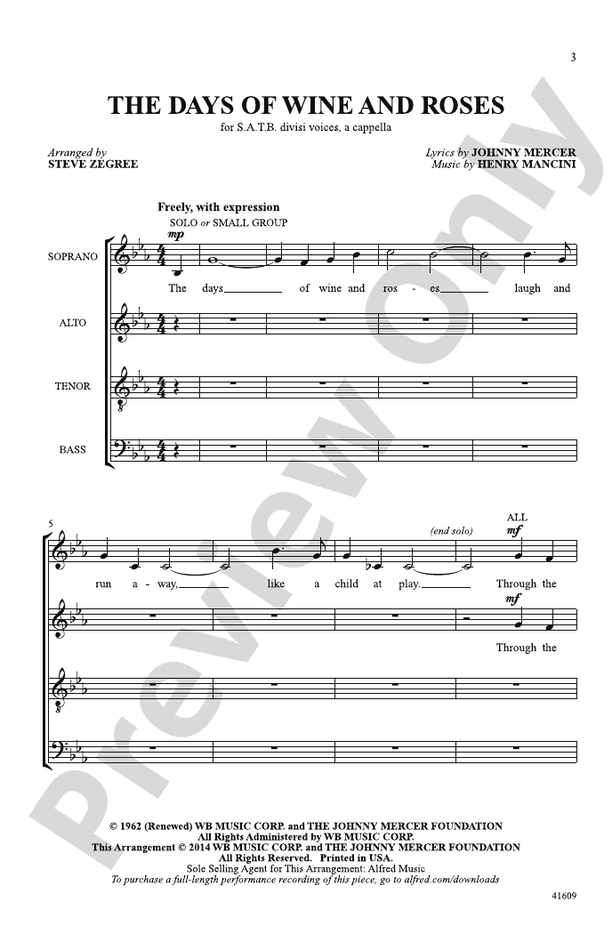 Days of Wine and Roses, The – SATB, a cappella Choral Octavo (Digital Download)