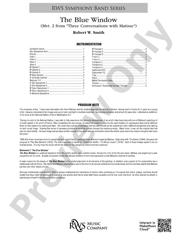 The Blue Window - Mvt. 2 from Three Conversations with Matisse - Concert Band Conductor Score & Parts (Digital Download)