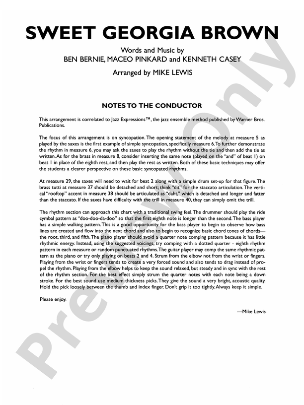 Sweet Georgia Brown - Jazz Ensemble Conductor Score & Parts (Digital Download)