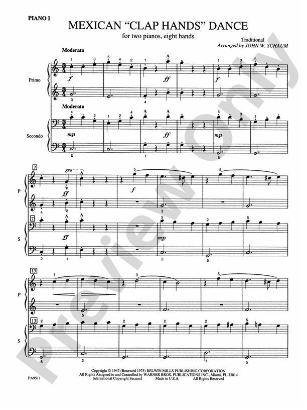 Mexican "Clap Hands" Dance - 2 Pianos, 8 Hands (Digital Download)