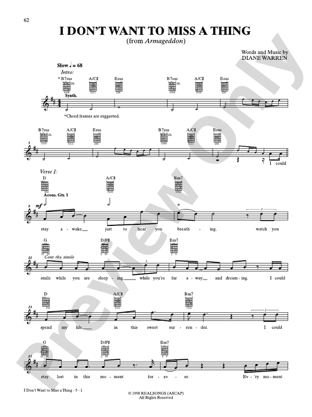 I Don't Want to Miss a Thing (from "Armageddon") - Guitar TAB (Digital Download)