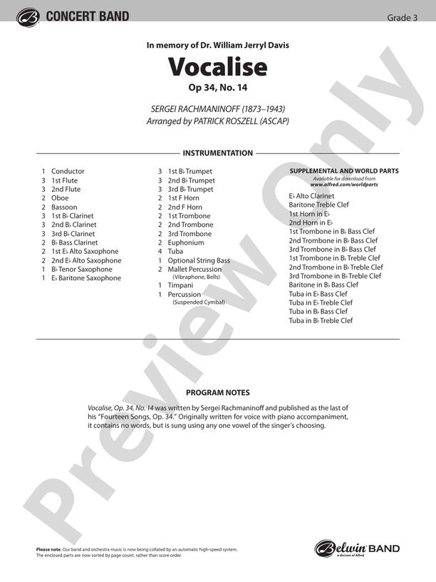 Vocalise, Op. 34, No. 14 - Concert Band Conductor Score & Parts (Digital Download)