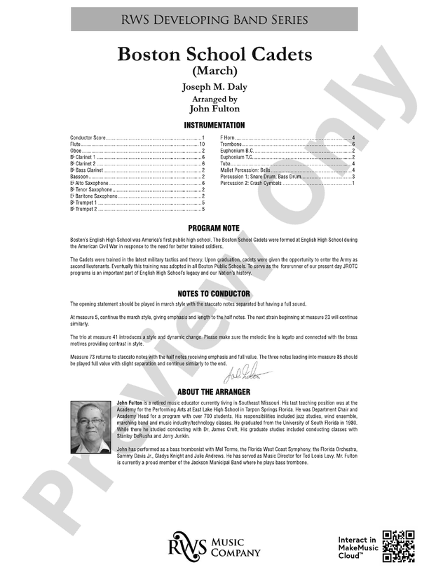 Boston School Cadets - March - Concert Band Conductor Score & Parts (Digital Download)