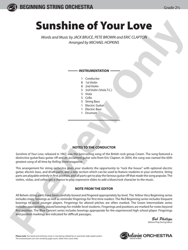 Sunshine of Your Love – String Orchestra Conductor Score & Parts (Digital Download)