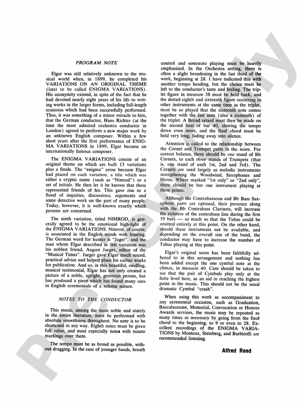 Nimrod (from Elgar's Variations) - Concert Band Conductor Score & Parts (Digital Download)