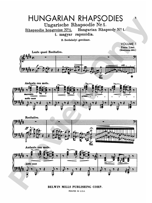 Liszt - Hungarian Rhapsodies (Volume I, Nos. 1-9) - Piano Solo (Digital Download)