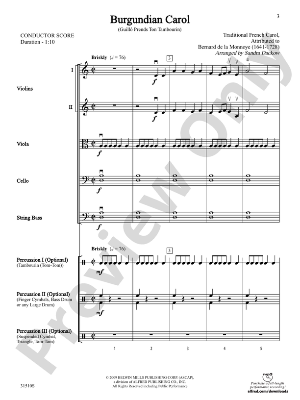 Burgundian Carol (Guillo Prends Ton Tamourin) – String Orchestra Conductor Score & Parts (Digital Download)