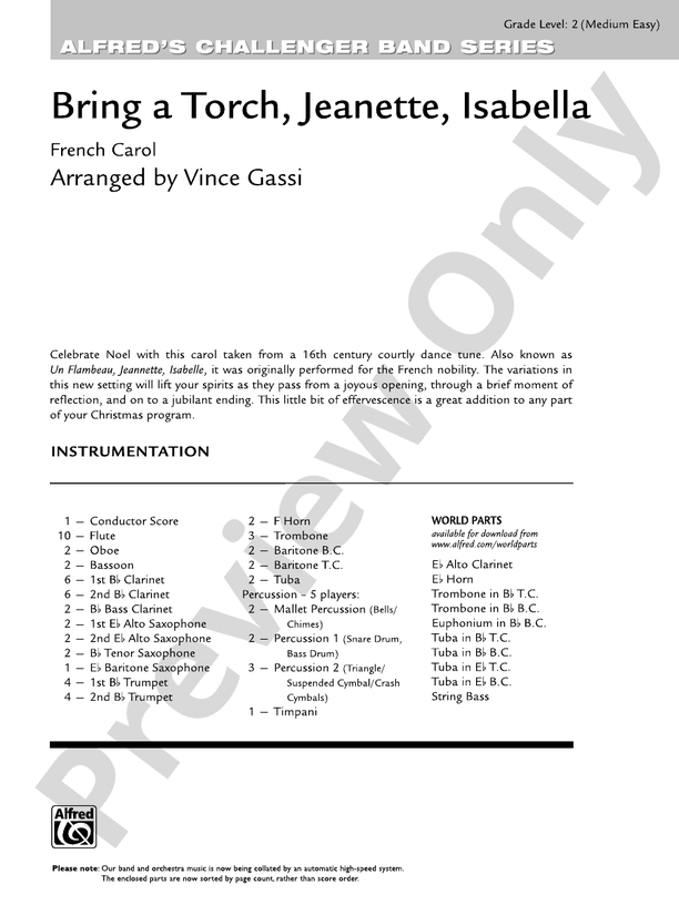 Bring a Torch, Jeanette, Isabella - Concert Band Conductor Score & Parts (Digital Download)