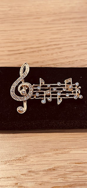Gold Brooch with Treble Clef and Staff and Diamontes