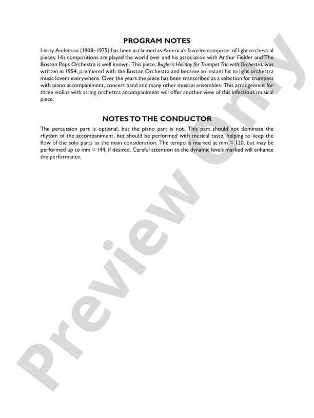 Bugler's Holiday for Three Violins and String Orchestra – String Orchestra Conductor Score & Parts (Digital Download)