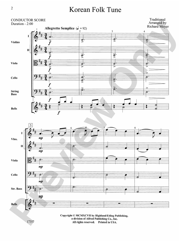 Korean Folk Tune – String Orchestra Conductor Score & Parts (Digital Download)
