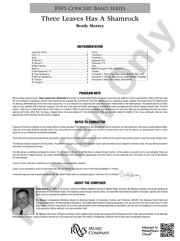 Three Leaves Has A Shamrock - Concert Band Conductor Score & Parts(Digital Download)
