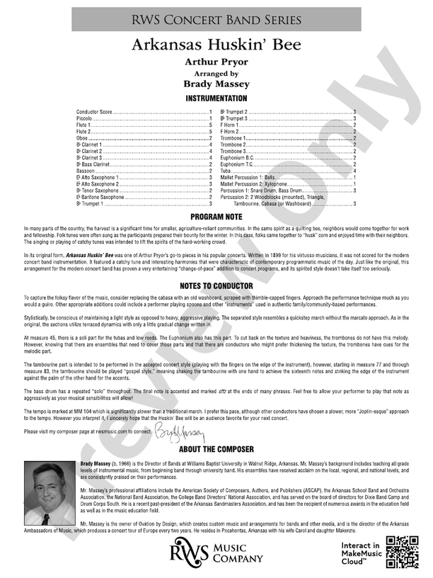 Arkansas Huskin' Bee - Concert Band Conductor Score & Parts(Digital Download)