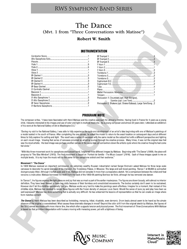 The Dance - Mvt. 1 from Three Conversations with Matisse - Concert Band Conductor Score & Parts (Digital Download)