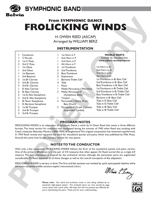 Frolicking Winds (from Symphonic Dance) - Concert Band Conductor Score & Parts (Digital Download)