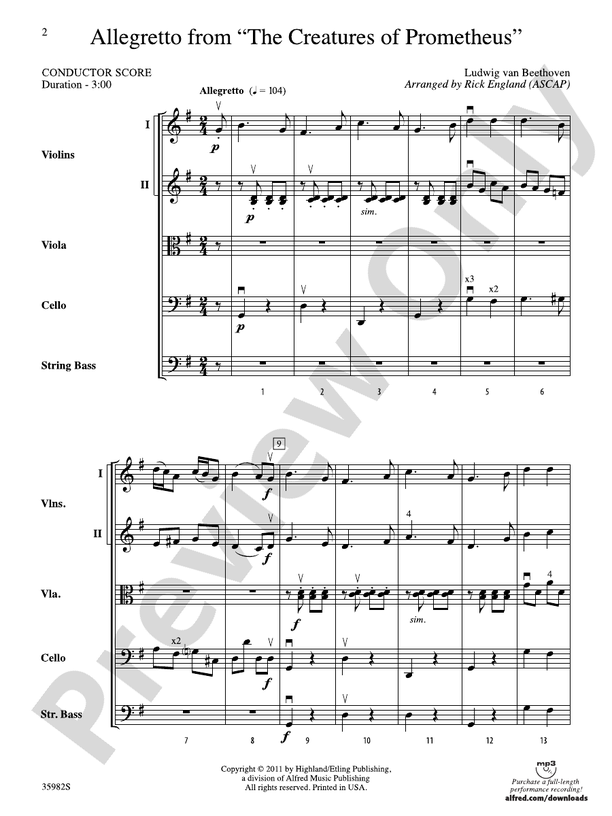 Allegretto from The Creatures of Prometheus – String Orchestra Conductor Score & Parts (Digital Download)